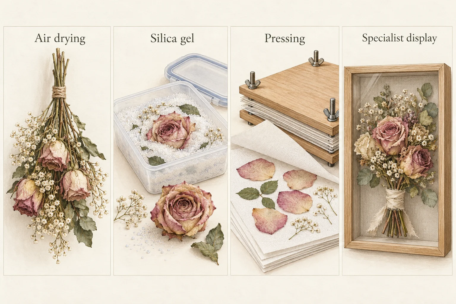 Four-panel illustration of a hanging dried rose bouquet, a rose supported in silica granules, pressed petals beside a wooden press, and a bouquet in a shadow box.